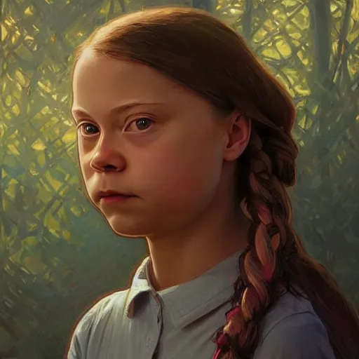 Image similar to portrait of greta thunberg, looking at camera, intricate, extremely detailed, digital painting, artstation, concept art, smooth, ambient lighting, art by artgerm and greg rutkowski and alphonse mucha and simon stalenhag