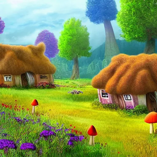 Prompt: Realistic digital art of fantasy mushroom cottage village on a colorful meadow