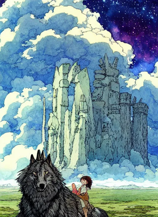 Image similar to hyperrealist studio ghibli watercolor fantasy concept art of a giant wolf from howl's moving castle sitting on stonehenge like a chair. it is a misty starry night. by rebecca guay, michael kaluta, charles vess