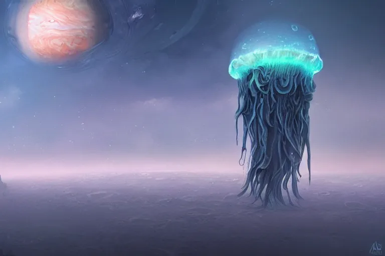 Prompt: alien jellyfish on the landscape of jupiter, artstation