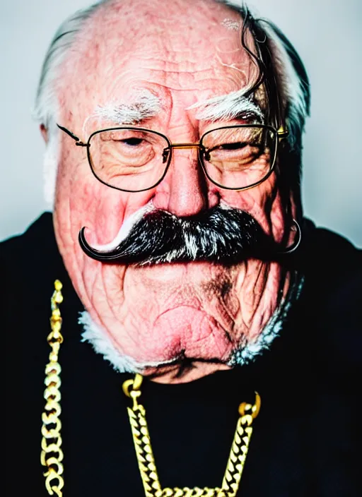 Image similar to dslr portrait photo still of!!! wilfred brimley!!!!!! white mustache mustache is white white white white mustache!!! as a gangsta rapper with gold chains and gold teeth grills growling at camera, 8 k, 8 5 mm f 1. 8