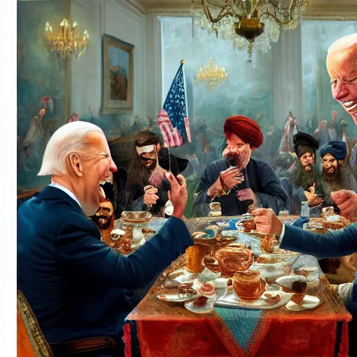 Image similar to a painting of joe biden laugh in tea party with taliban, ultra detailed face, body and gesture, justify content center, hyper realistic content, frontal hyperdetailed realistic content, sharp focus, intricate, dynamic composition, 2 colors, baroque, delete duplicate content