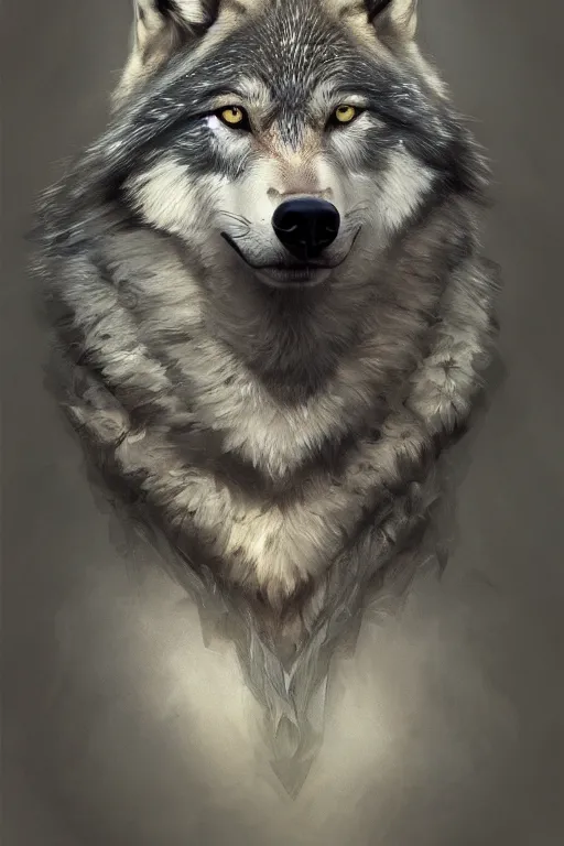 Image similar to portrait of a gray wolf, intricate, elegant, highly detailed, digital painting, artstation, concept art, smooth, sharp focus, illustration, art by Krenz Cushart and Artem Demura and alphonse mucha