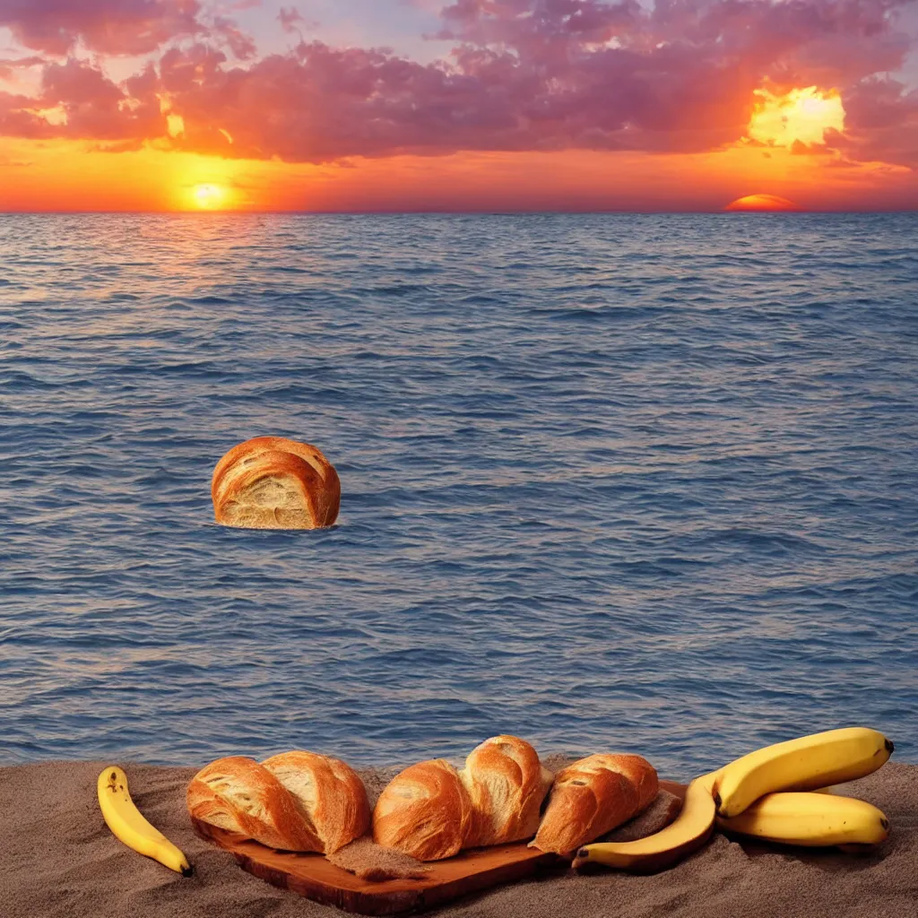 Image similar to a bread and a banana in love at the beach with sunset