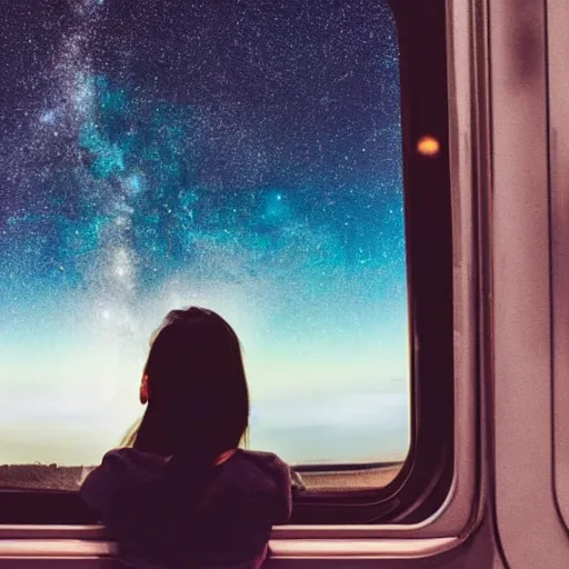 Prompt: a beautiful woman sitting in a train and looking outside of window seeing a milky way