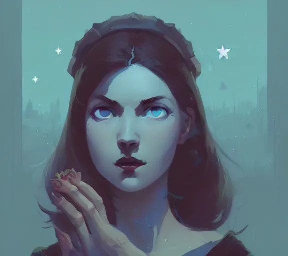 Image similar to portrait woman with stars in her eyes, fantasy, matte painting, illustration, hearthstone, by atey ghailan, by greg rutkowski, by greg tocchini, by james gilleard, by joe fenton, by kaethe butcher, dynamic lighting, gradient light blue, brown, blonde cream and white color scheme, grunge aesthetic