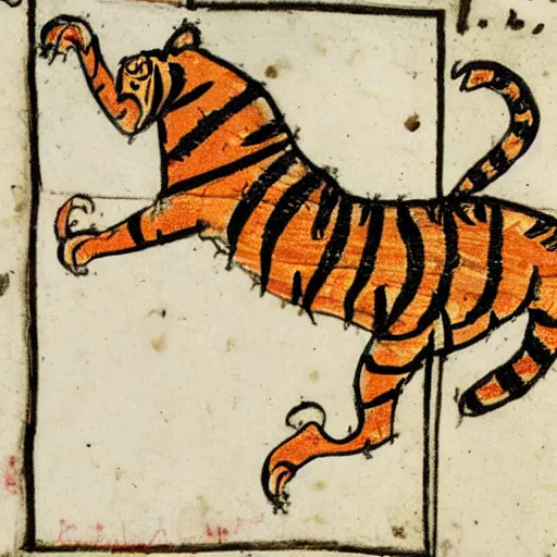 Image similar to bad drawn tiger of fire with many legs flying in a medieval manuscript, medieval manuscript, golden miniatures