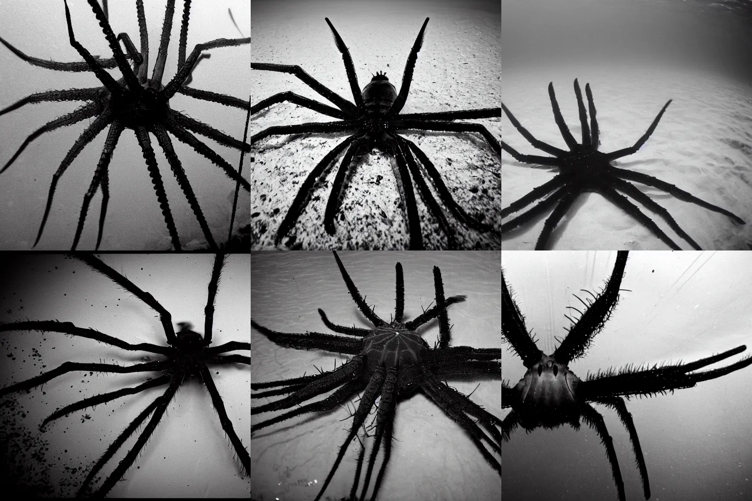 Prompt: underwater ocean footage of giant sea spider, spooky, scary, creepy, horror, low contrast, film grain, dark