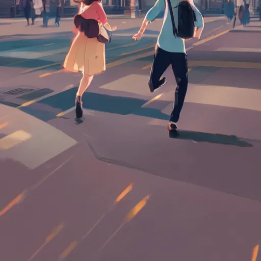 Image similar to a couple meeting up at a trainstation, running at each other with open arms. cgsociety masterpiece, artstation trending, by rossdraws, ghibli, Kimi no Na wa, greg rutkowski