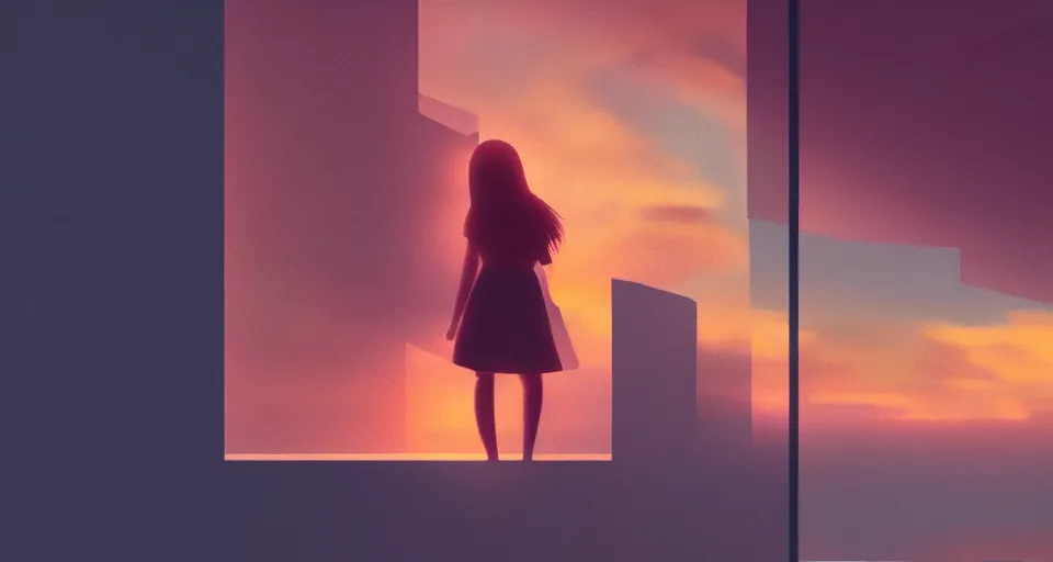 Prompt: hyperdetailed picture of a girl on the window pane watching the sunset in the twilight, volumetric lighting, oil, glowing lights, 4k, octane, digital painting, pixiv, by Aenami