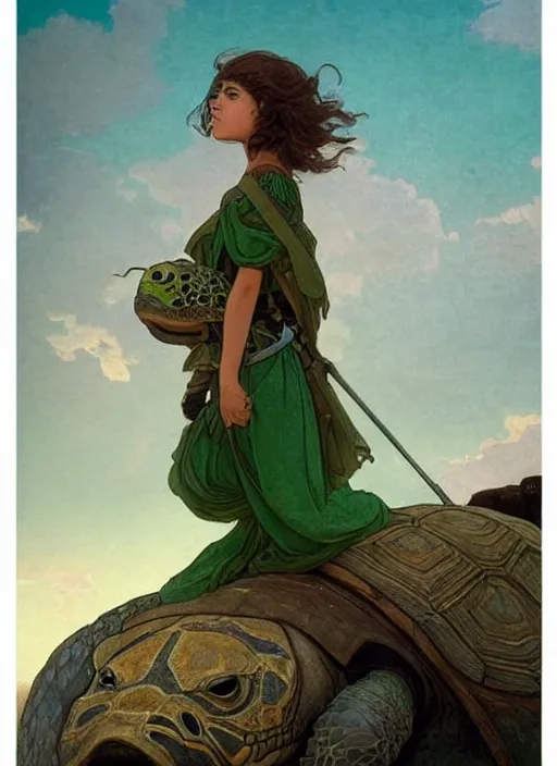 Prompt: a little warrior girl standing on top of one giant turtle in the desert. the girl has dark skin and beautiful green eyes, realistic full body and a very beautiful detailed symmetrical face with long black hair. diffuse light, dramatic sky and landscape, long shot fantasy illustration by mucha