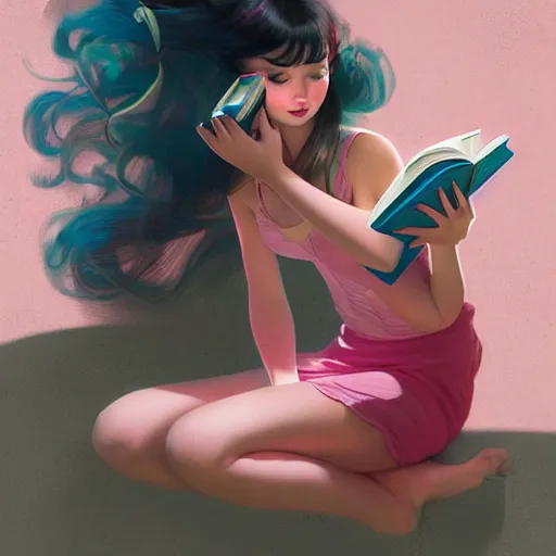 Prompt: a girl reading a book, hair flowing down, matte painting, bold shapes, hard edges, street art, trending on artstation, by huang guangjian and gil elvgren and sachin teng