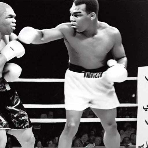 Prompt: mike Tyson fighting Mohammad ali in a boxing match, black and white, 1940s, grain, old photo
