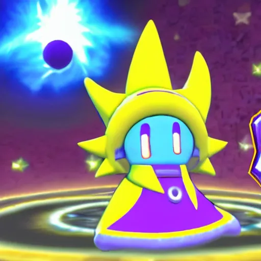 Prompt: hyness from kirby star allies bending his head