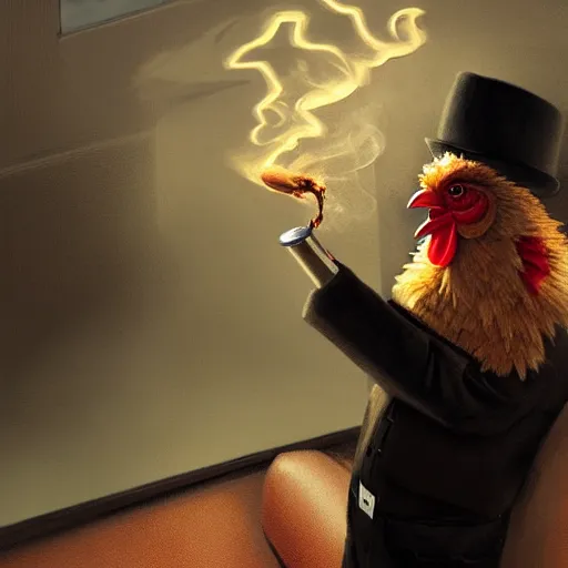 Image similar to a chicken wearing a suit smoking a cigar, dramatic lighting, cinematic, establishing shot, extremly high detail, photorealistic, cinematic lighting, artstation, style by James Gurney