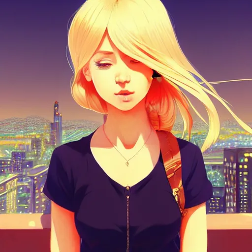 Prompt: a beautiful blond girl, city background, intricate, highly detailed, digital painting, artstation, official media, anime key visual, concept art, rich vivid colors, ambient lighting, sharp focus, illustration, art by Artgerm, Makoto Shinkai, Ilya Kuvshinov, Lois Van Baarle, and Rossdraws