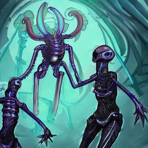 Image similar to concept art sketch of a cyberpunk insectoid underwater monster queen and her minions