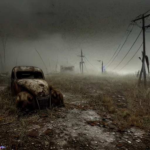 Image similar to apocalyptic, ruined town, abandoned streets, littered, decrepit homes and sheds on the side of the road, slowly being reclaimed by nature. rusted vintage cars. fog, dew, rain, volumetric lighting, beautiful, summer morning dew, sharp focus, ultra detailed, cgsociety - w 1 0 2 4 - n 8 - i