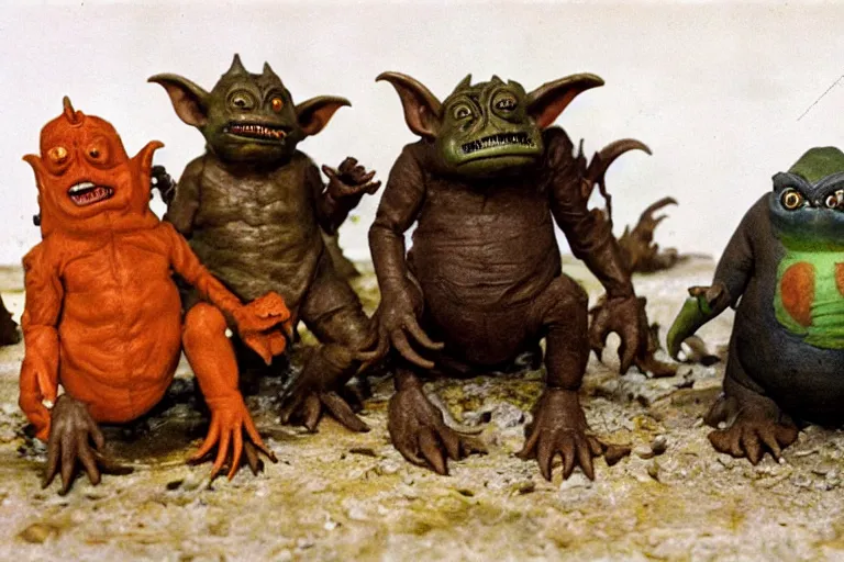 Image similar to autochrome photo of vintage disgusting brown Boglins, plastic goblin monster toys in sewer, kaiju, oni, realistic