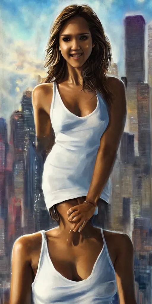 Image similar to ultra realistic painting of jessica alba in the 1 9 8 9 city of tacoma, wearing a water soaked white short dress, looking into the camera with a smirk, art by ross draws, 4 k, ultra realistic, highly detailed, epic lighting