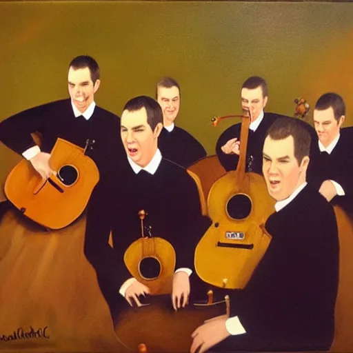 Image similar to detailed realistic oil painting of the clancy brothers performing music in a pub