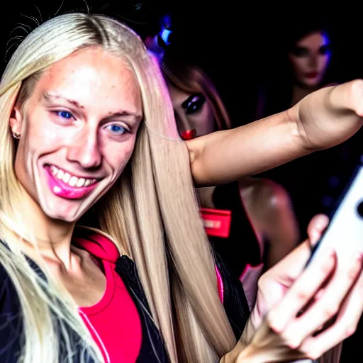 Image similar to skinny blond reporter with long deadlocks takes a smiling selfie in front a rave, winking at the camera, high detail, full focus, time magazine 2 0 2 2