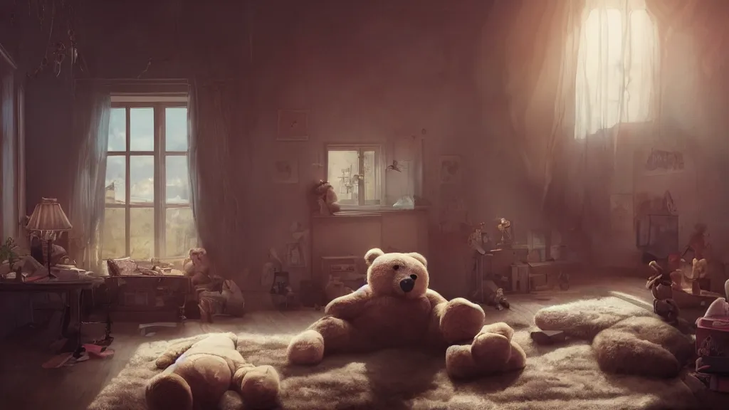Image similar to a Photorealistic hyperrealistic render of an interior of a spoiled child's beautiful bedroom with a giant teddy bear sitting on the floor by PIXAR,Greg Rutkowski,WLOP,Artgerm,dramatic moody sunset lighting,long shadows,Volumetric, cinematic atmosphere, Octane Render,Artstation,8k