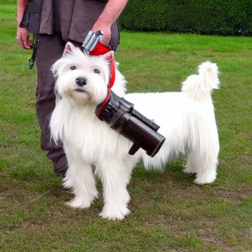 Image similar to west highland terrier dressed in iron armour with a gun attached to his head. gun on the head of westy.