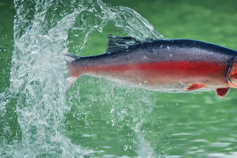 Image similar to a close - up photograph of a salmon with it's mouth open jumping out of the water. national geographic, fast shutter speed, 5 0 mm