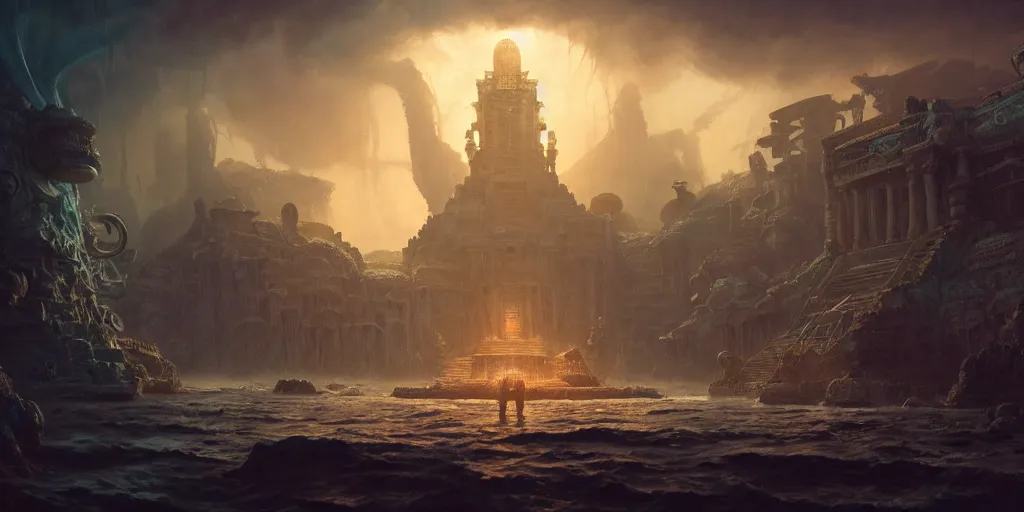 Prompt: a highly detailed artstation concept art 8 k render of lost city under the deep sea, james paick, greg rutkowski, whale, coral, jellyfish, fluorescent, cinematic lighting, game asset, unreal engine, illustration, digital painting, sharp focus,, golden ratio, mythological, ultra realistic