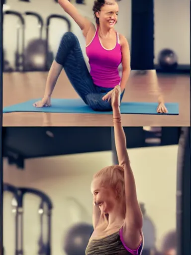 Image similar to a beautiful happy woman doing yoga at the gym. smiling popular girl. intricate, elegant, highly detailed, digital painting, artstation, cinematic shot, concept art, sharp focus, illustration, by justin gerard and artgerm, 8 k