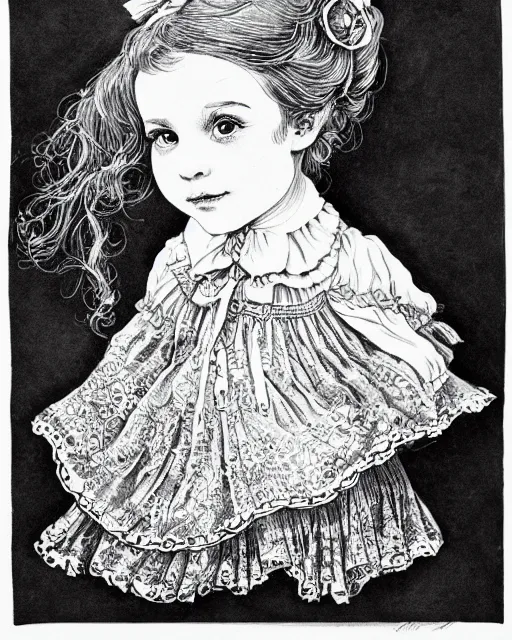 Image similar to little victorian girl, black ink on paper, trending on artstation, beautiful, intricate, detailed