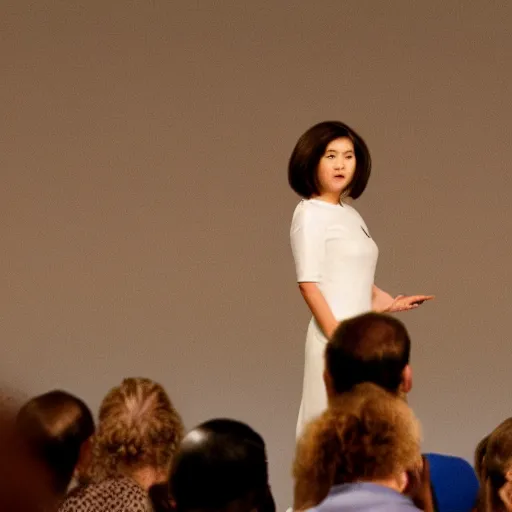 Image similar to photograph of a female mark zuckerberg giving a keynote speech on apple park