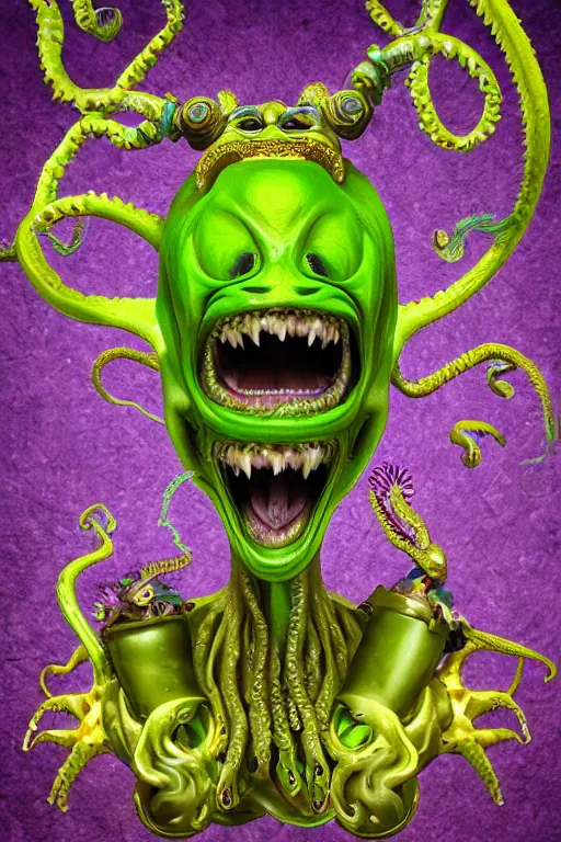 Prompt: a spectacular wideangle photorealistic, detailed digital art portrait of a laughing alien rococo alien queen with a alien green octopus head and golden jewelery, digital art