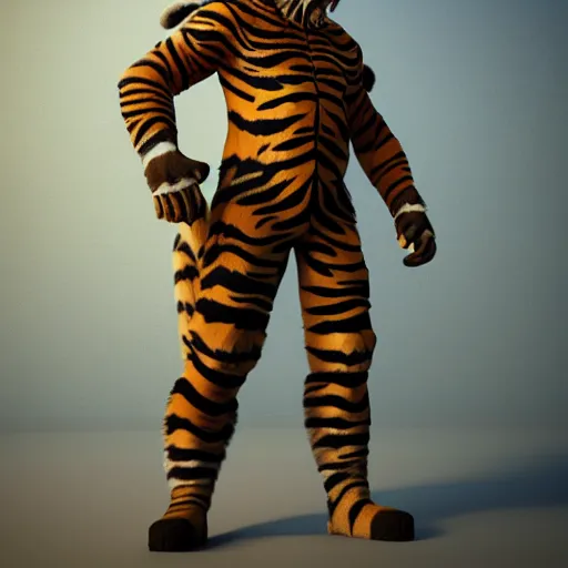 Image similar to Anthro tiger with soldier outfit, realistic, 4k, octane render