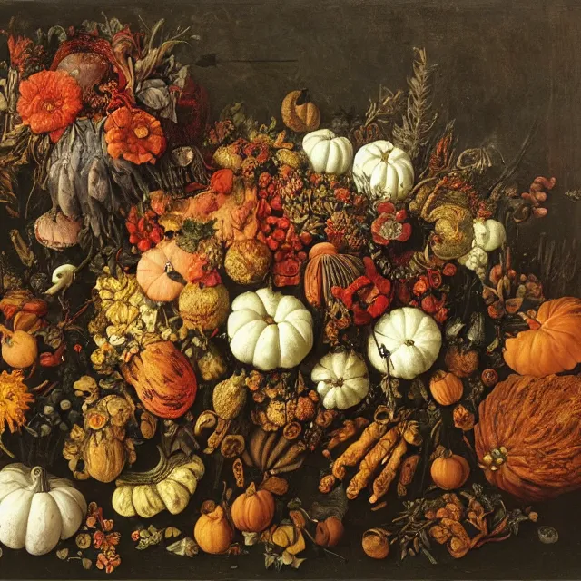 Image similar to victorian thanksgiving feast, flowers and gourds, black background, still life by giuseppe arcimboldo, vanitas, intricate high detail masterpiece