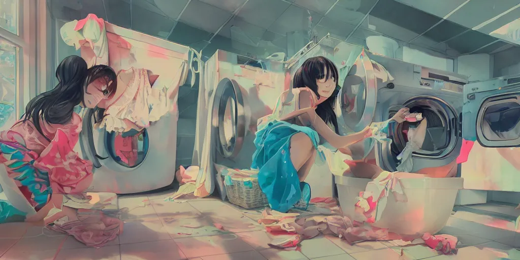 Prompt: extreme kawaii girl doing laundry, epic digital art illustration, wide angle, masterpiece, fine structure, outstanding detail, illustration, colorgrading, LUTs, | 28mm |, great composition