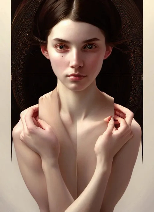 Image similar to symmetry!! portrait of young woman cursed with ever - increasing physical and mental perfection, slice - of - life, realism, perfect face!! intricate, elegant, highly detailed, digital painting, artstation, concept art, smooth, sharp focus, illustration, art by artgerm and greg rutkowski and alphonse mucha