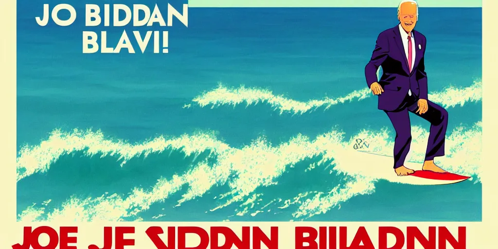 Image similar to joe biden surfing campaign poster, hawaii studio ghibli