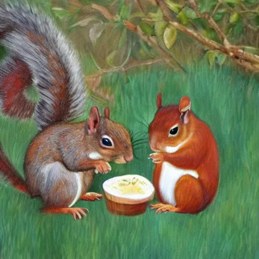Prompt: A painting of a squirrel sharing bread with his squirrel children