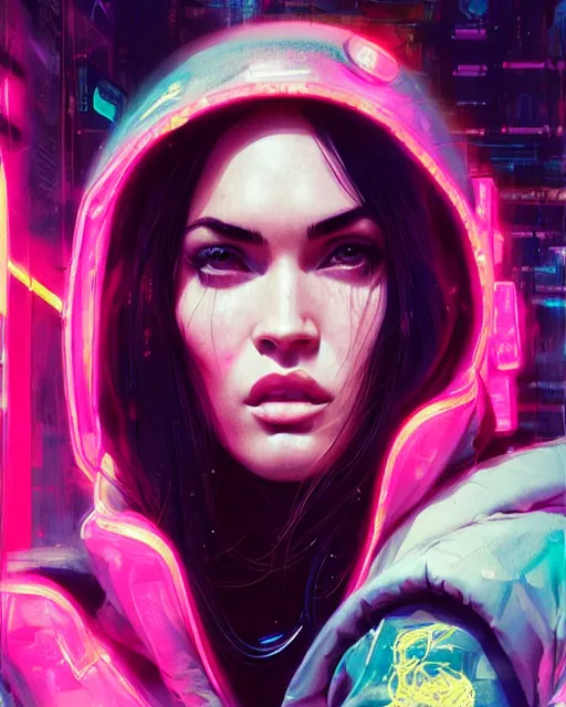 Image similar to detailed megan fox portrait neon operator girl, cyberpunk futuristic neon, reflective puffy coat, decorated with traditional japanese ornaments by ismail inceoglu dragan bibin hans thoma greg rutkowski alexandros pyromallis nekro rene maritte illustrated, perfect face, fine details, realistic shaded, fine - face, pretty face