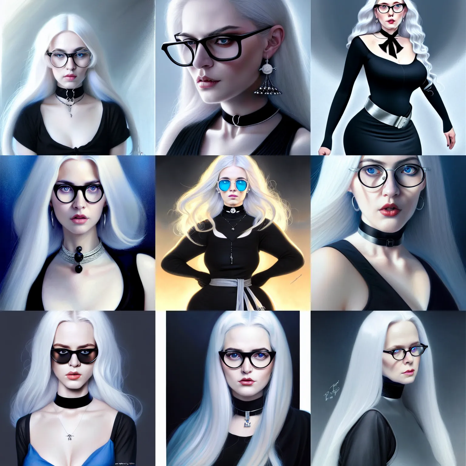 Prompt: beautiful pawg female, long white hair, round black glasses, directed gaze, blue eyes, black dress with belt around waist, stunning, elegant, perfect face, silver earrings, silver jewellery, black choker, highly detailed, digital painting, medium long shot, art by artgerm, greg rutkowski, guweiz, tom bagshaw, octane render