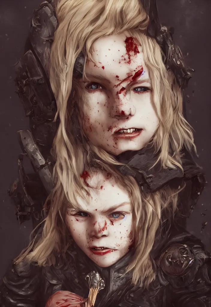 Prompt: blonde vampire girl, child, freckles, smiling, messy curly hair, dark leather armor, sword, portrait, concept art, trending on artstation