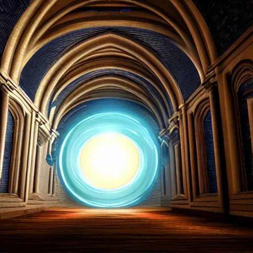 Prompt: wormhole opening up inside a cathedral. fantasy. octane render.