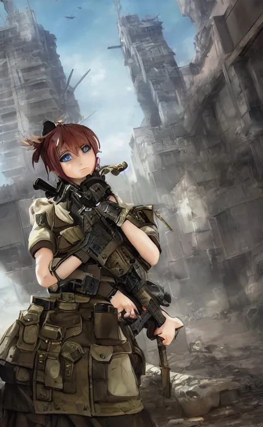 Image similar to portrait of a female soldier, highly detailed, high resolution, city ruins in the background, anime videogame style, stunning, girls frontline style, bokeh soft, 3d rendering, guilty gear strive graphics, 100mm, trending on instagram, by professional 3d artist, realistic human anatomy, realistic military carrier, modern warfare, realistic weapon, shot with a arriflex 35 ii, low saturation, small eyes