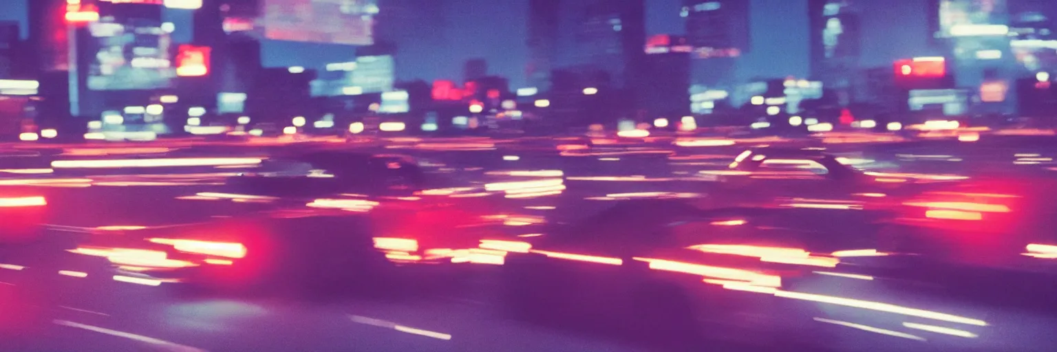 Image similar to 8 0 s neon movie still, high speed car chase on the highway with city in background, medium format color photography, 8 k resolution, movie directed by kar wai wong, hyperrealistic, photorealistic, high definition, highly detailed, tehnicolor, anamorphic lens, award - winning photography, masterpiece