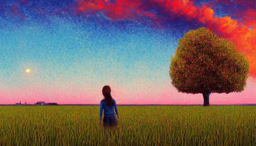 Prompt: daisy face, full body, girl watching sunset, empty wheat field, surreal photography, colorful clouds, tree, impressionist painting, colorful clouds, digital painting, pointillism, artstation, simon stalenhag