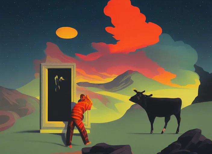 Image similar to isometric painting of a cow devouring a human, black mountains, rhads, dark atmosphere, fire, edward hopper, tristan eaton, victo ngai