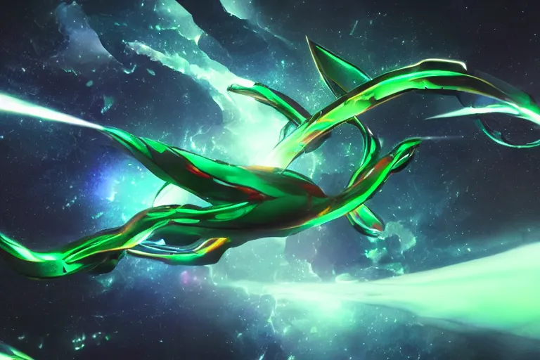 Prompt: rayquaza flying in a future hyper dimensional space galactic crystal nebula edges elegant detailed intricate concept artstation sharp focus ray tracing cinematic masterpiece octane render nvidia