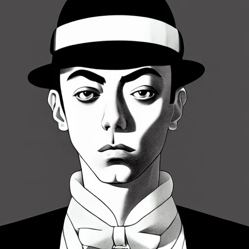 Image similar to portrait of young buster keaton, handsome, smooth, fine, striking features, anime fantasy illustration by araki hirohiko, lucky land communications, david production inc., kyoto studio, madhouse, ufotable, trending on artstation